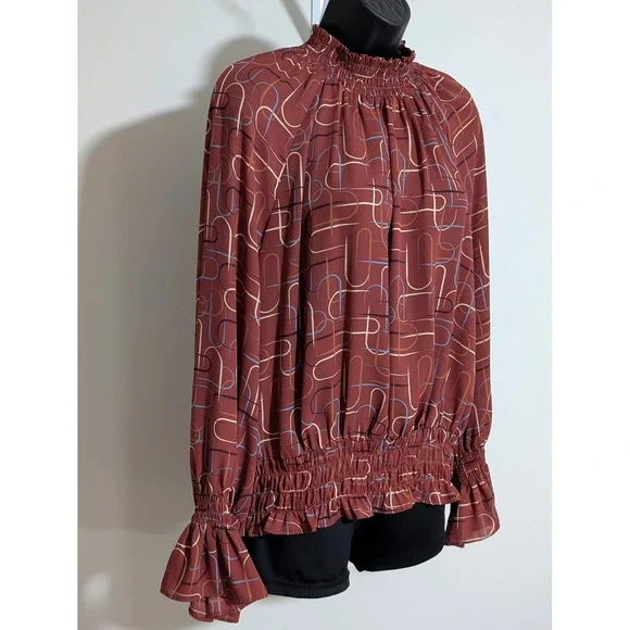 Worthington Long Sleeve Blouse Smocked Mock Neck Abstract Print Top Size L - Picture 3 of 8